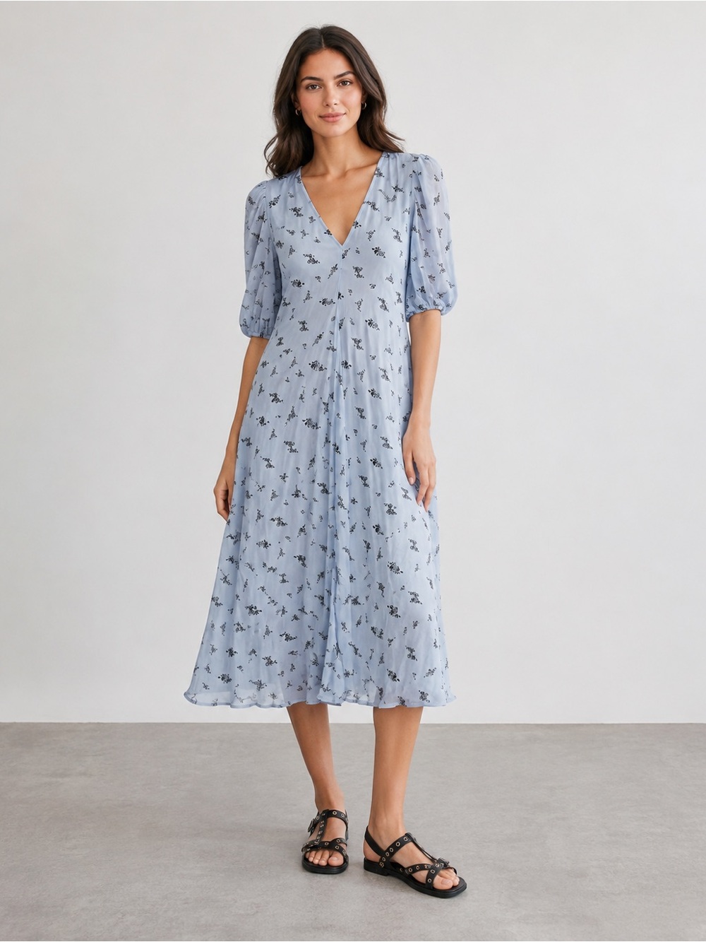 GANNI Printed Georgette Puff Sleeve Midi Dress Brunnera Blue EU 38